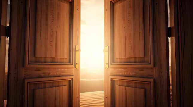 Wooden double door standing open in the middle of a vast desert landscape revealing intense bright sunlight promising hope and a new beginning for travelers.