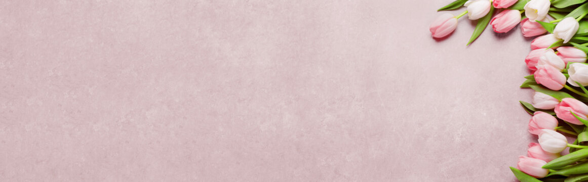Beautiful tulips on pink table, top view. Banner design with space for text