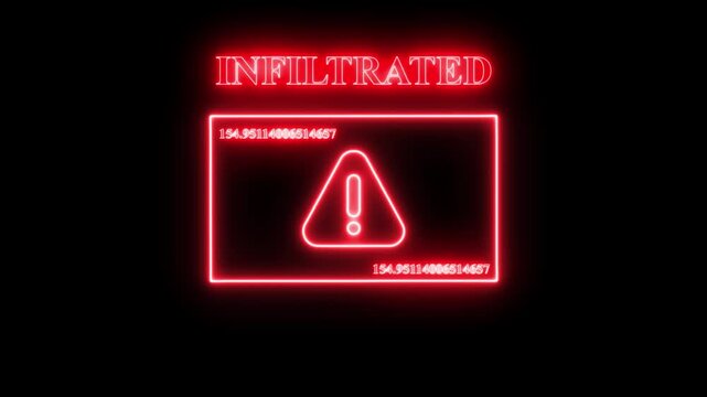 Urgent Red Neon "INFILTRATED" Digital Security Warning Alert with Flashing Numerical Data on Black Background, Cyberattack Animation
