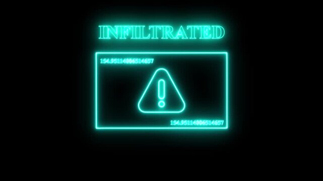 Glowing Cyan Neon "INFILTRATED" Digital Security Notification with Flashing Numerical Data on Dark Background, Cybersecurity Warning Loop