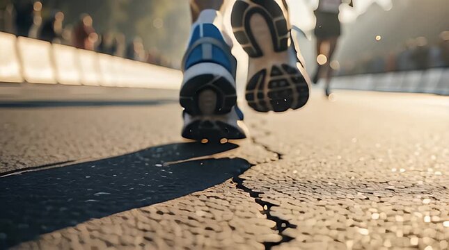 Extreme close up of a runner's athletic blue and white running shoes pounding the cracked asphalt road surface during a competitive outdoor marathon race in bright sunlight.
