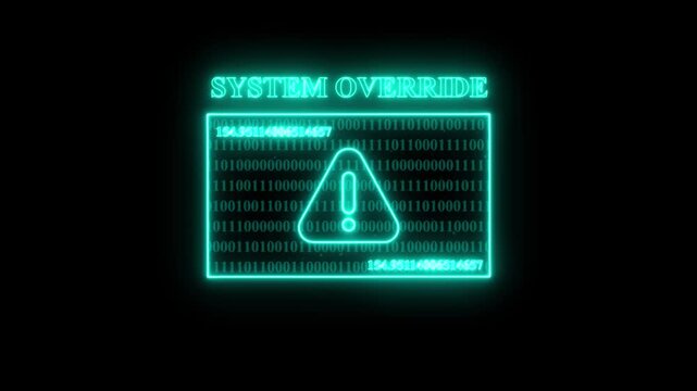 Cyan Neon System Override Warning Alert with Binary Code Background and Exclamation Mark. Data Security Breach and Critical System Failure Concept Motion Graphic.