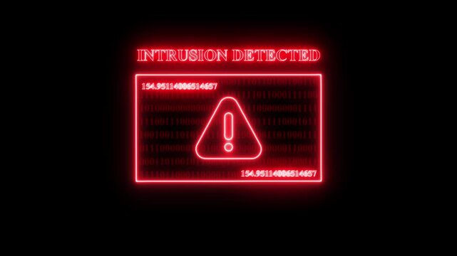 Red Neon Intrusion Detected Warning Alert with Binary Code Background and Exclamation Mark. Cyber Attack and Network Security Breach Concept Motion Graphic.