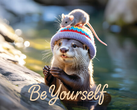 Adorable Otter with Mouse Friend and "Be Yourself" Quote