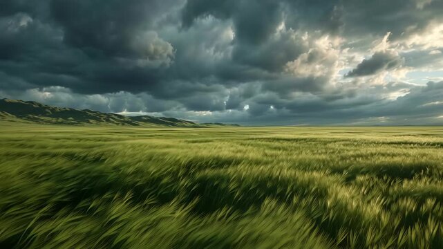 Stormy Weather Over Green Field Landscape.