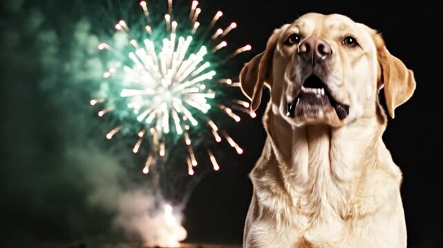 Labrador dog watches red fireworks explosion in dark night sky