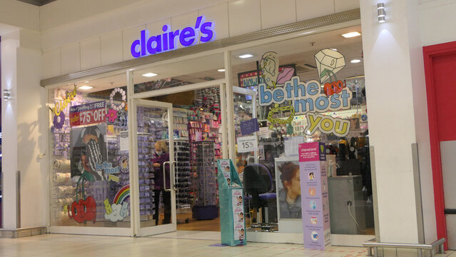 Photo of Claire&rsquo;s Jewellery sign of Abbey Centre Belfast Shopping Newtownabbey Antrim Northern Ireland 10-27-2021