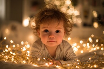 Adorable Baby Surrounded by Christmas Lights.