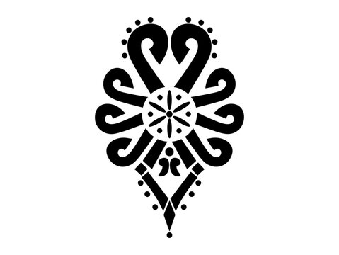Black folk heart with flower shape. Simple bold ornament on white background.