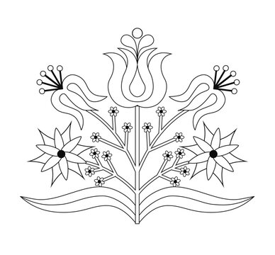 Folk flower pattern with birds and big bloom. Simple black line art on white background.