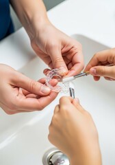 Adult supervising the thorough hygienic cleaning of a clear dental retainer appliance over a sink, demonstrating diligent parental care, preparation, clear, plastic