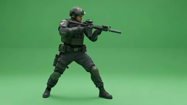 Special Forces Soldier Aiming Rifle on Green Screen - Action Pose