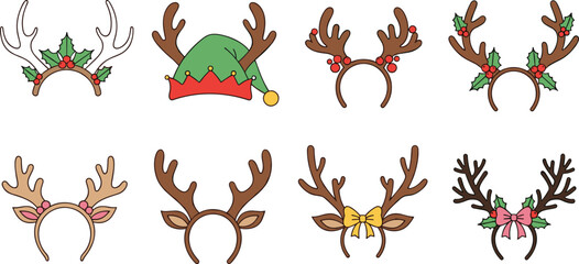 Christmas reindeer headbands set with deer antlers, elf hat, holly berries and festive bows isolated on white background. © MdAkramul