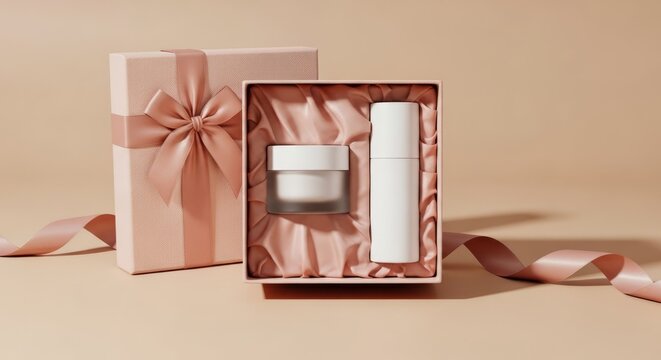 Luxury skincare product set featuring a jar and dispenser in white packaging elegantly presented within an open pale pink gift box lined with silky fabric.