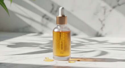 Fototapeta premium Clear glass dropper bottle containing amber serum sits centrally on a white marble surface with sharp diagonal shadows cast by overhead foliage.
