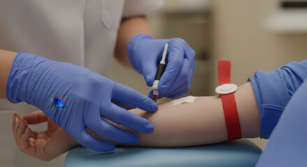Obraz premium Close-up of a medical professional in blue gloves drawing blood from a patient's arm for a laboratory test or donation.