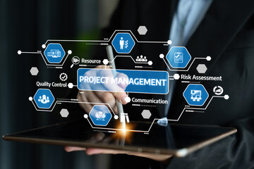 Naklejka premium A professional conceptual image depicting the essence of project management through digital tools, emphasizing risk assessment, collaboration, and quality control in business environments. Tessel
