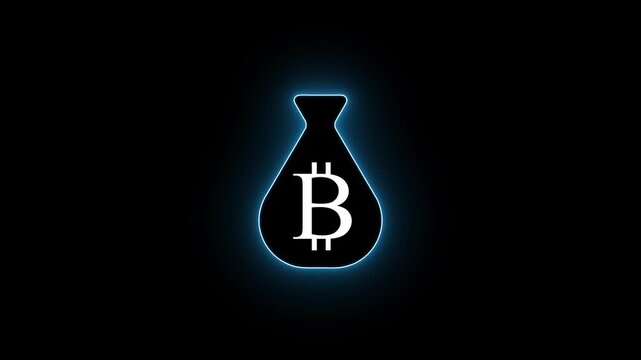 Bitcoin money bag cryptocurrency symbol neon glow black background