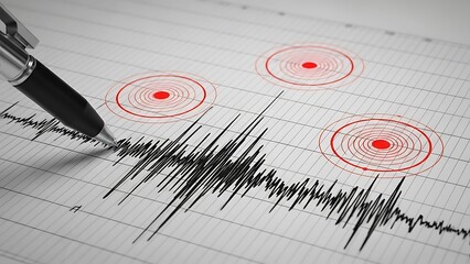 Closeup of a pen jagged black lines on graph paper with three red concentric circles in the background 1