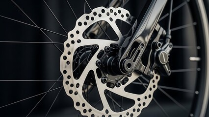 Fototapeta premium Closeup of a silver bicycle disc brake rotor with black spokes and hub against a dark background 1