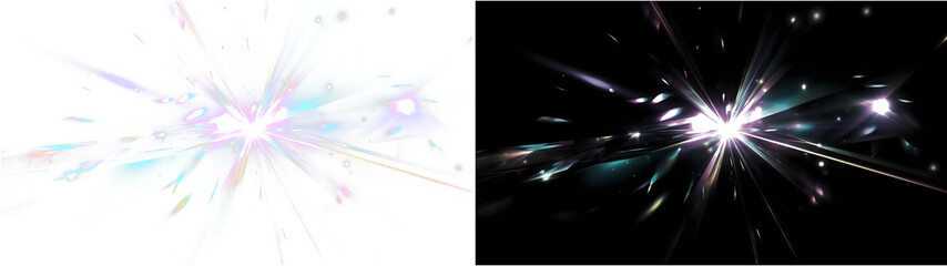 Iridescent prism light explosion with bright starburst and holographic refractions, isolated PNG on transparent background and version on black background © SERHII