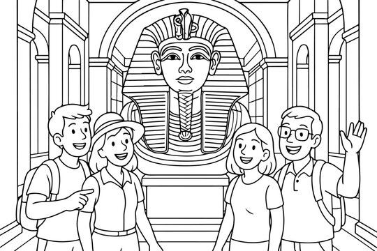golden mask of Tutankhamun hand drawn vector illustration doodle art line art coloring page for kids