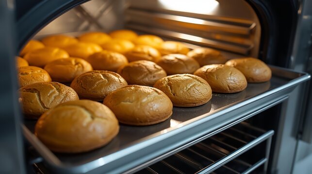 Freshly baked golden bread rolls on metal tray sliding out of industrial oven in professional bakery. Warm artisan baking concept for food industry, bakery business and Easter 2026 campaigns.