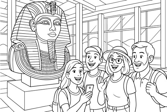 golden mask of Tutankhamun hand drawn vector illustration doodle art line art coloring page for kids