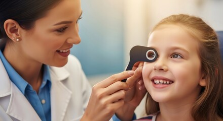 Woman ophthalmologist examining a happy child girl?s eye with a phoropter. Pediatric vision screening concept for early detection of eye problems.