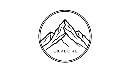 Mountain Illustration Inside Circle with Explore Text.