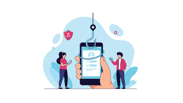 Digital security and phishing concept featuring a large hook over a smartphone screen being held by a hand in an illustration.