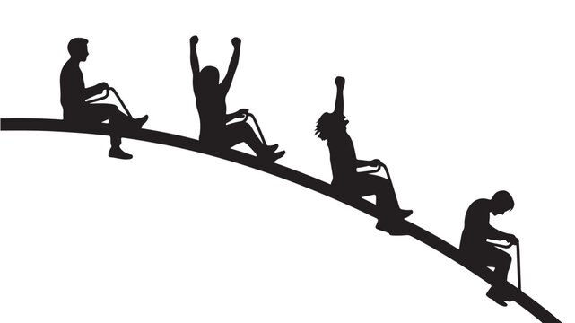 Silhouetted people on rollercoaster ride in dramatic pose with stark contrast lighting on simple white background for emotional
