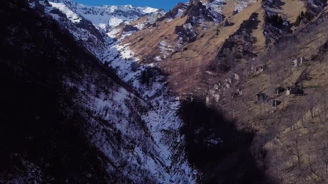 Narbona, Italy - Ruin of an old abandoned village in Piedmont, old town aerial panorama, travel, trekking, tourism, emotional, cinematic

