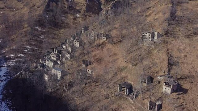 Narbona, Italy - Ruin of an old abandoned village in Piedmont, old town aerial panorama, travel, trekking, tourism, emotional, cinematic
