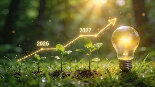 A rising financial line graph made of light connects the plants to the bulb, text labels 2026 and 2027 marking the upward trend. Happy New Year, New Year