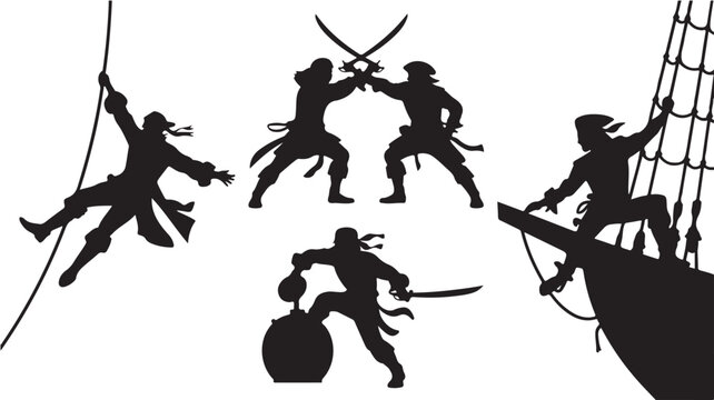 Pirates Fighting on Ship Silhouettes in Action Dramatic Black Dark Fantasy for Adventure Illustration