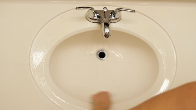 Person cleaning a bathroom sink bowl with a sponge