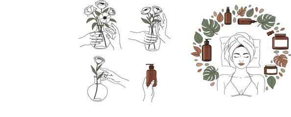 Obraz premium Minimal Line Art Spa and Self Care Illustration Set with Hands Holding Flowers, Skincare Bottles, Relaxing Woman Vector Design