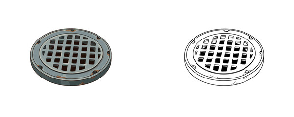 Round metal sewer drain grate in flat vector and line art styles minimalist illustration isolated on white background equipment for plumbing and water filtration systems © Dzianis