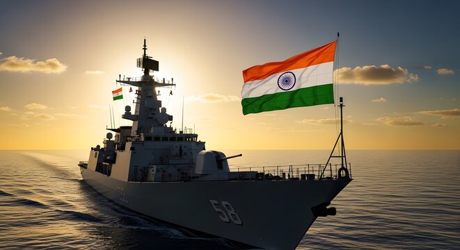 An Indian warship sailing through calm waters during sunset with the national flag waving high