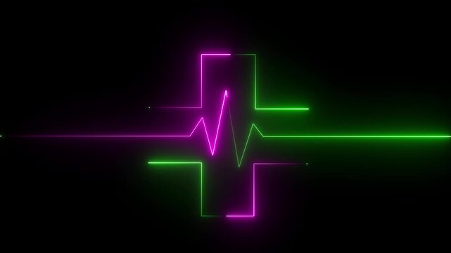 Abstract glowing neon heartbeat signal icon animation medical concept. Violet and green line on black background, symbolizing dedication in medical care and commitment to patient health