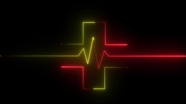 Abstract glowing neon heartbeat signal icon animation medical concept. Red and yellow line on black background, symbolizing dedication in medical care and commitment to patient health