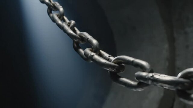 A close-up shot of a metal chain in a dimly lit industrial environment
