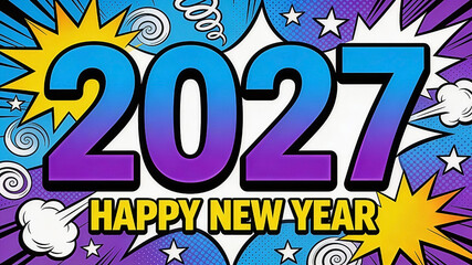Fototapeta premium Pop-art comic book style illustration of the number 2027 in gradient blue and purple with thick black outlines, yellow text HAPPY NEW YEAR below. Happy New Year, New Year