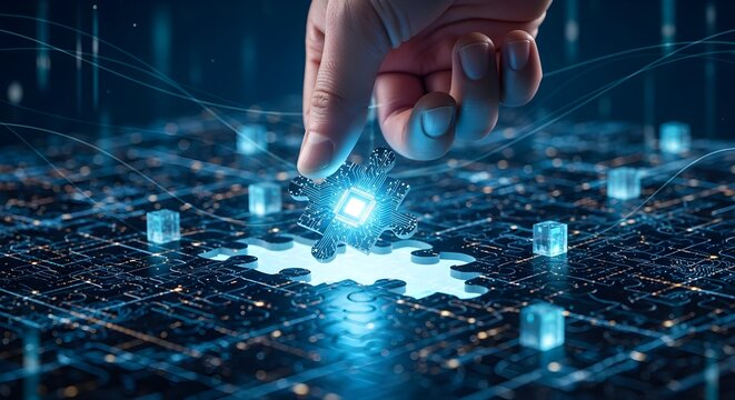 A hand holding and placing the final glowing blue digital jigsaw puzzle piece into a larger completed puzzle made of circuit patterns and data blocks