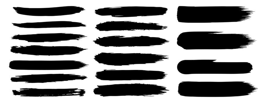 Collection of long horizontal black ink paint brush strokes with grunge texture for artistic borders