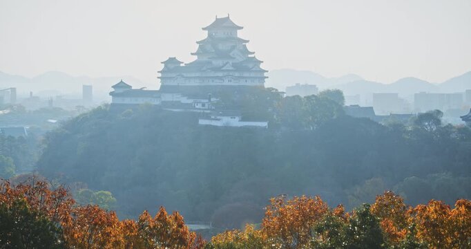 Silhouetted, haze covered 16th century Matsumoto castle across autumn trees in the morning