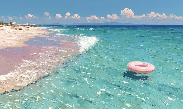 Pastel pink float on tranquil turquoise sea by sandy shore