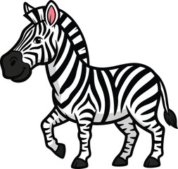 Obraz premium A cartoon vector illustration of a wild striped zebra mammal with black stripes standing isolated on a white background for safari and wildlife nature themes