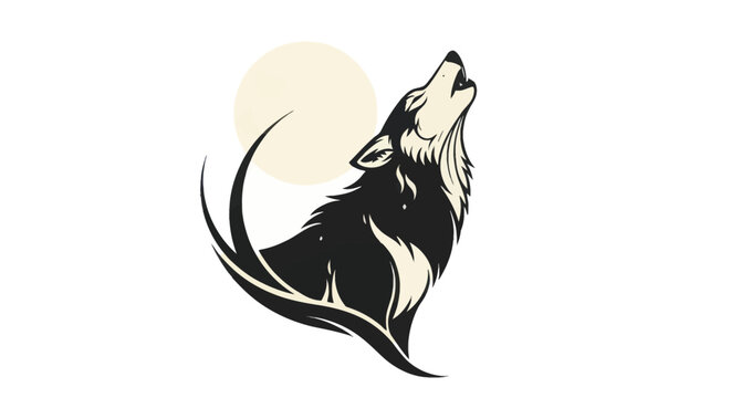 Silhouette of a howling wolf with moon graphic on white background